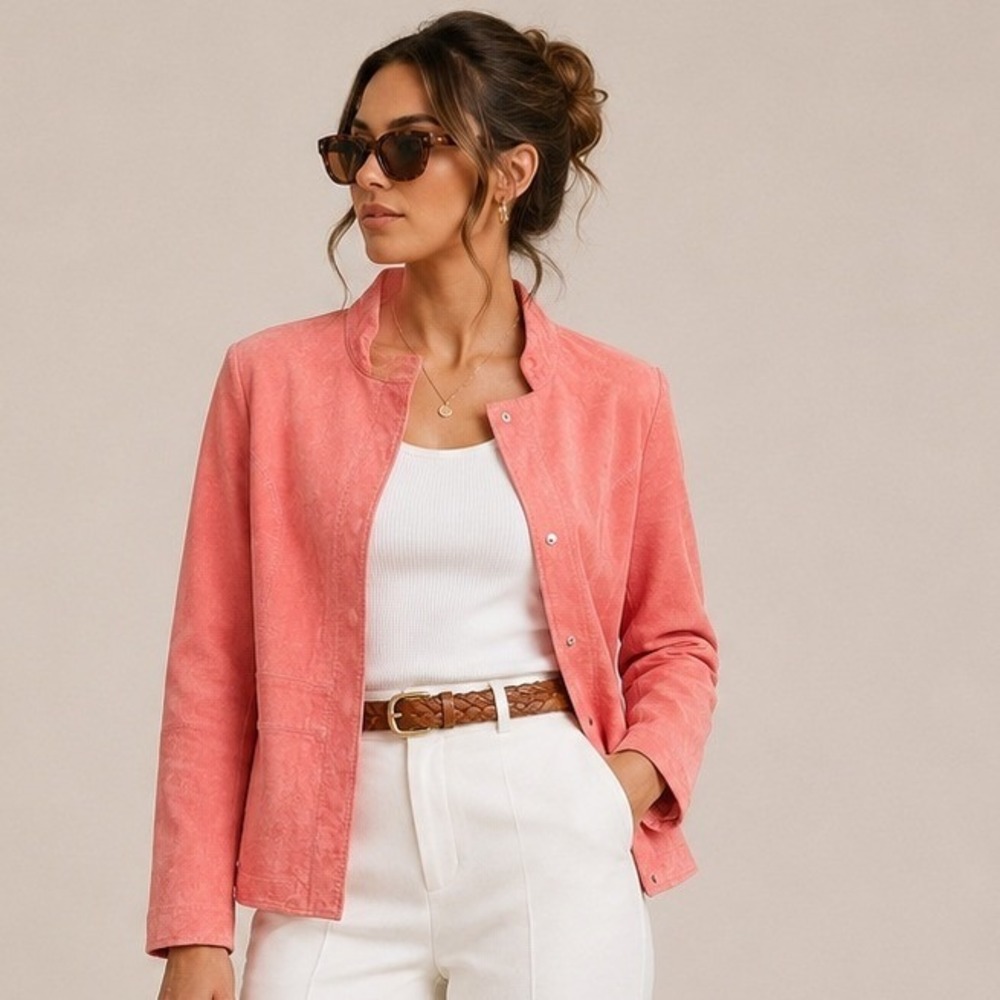 Womens Coral Pink Suede Leather Snap Front Mandarin Collar Jacket Minimal 90s S